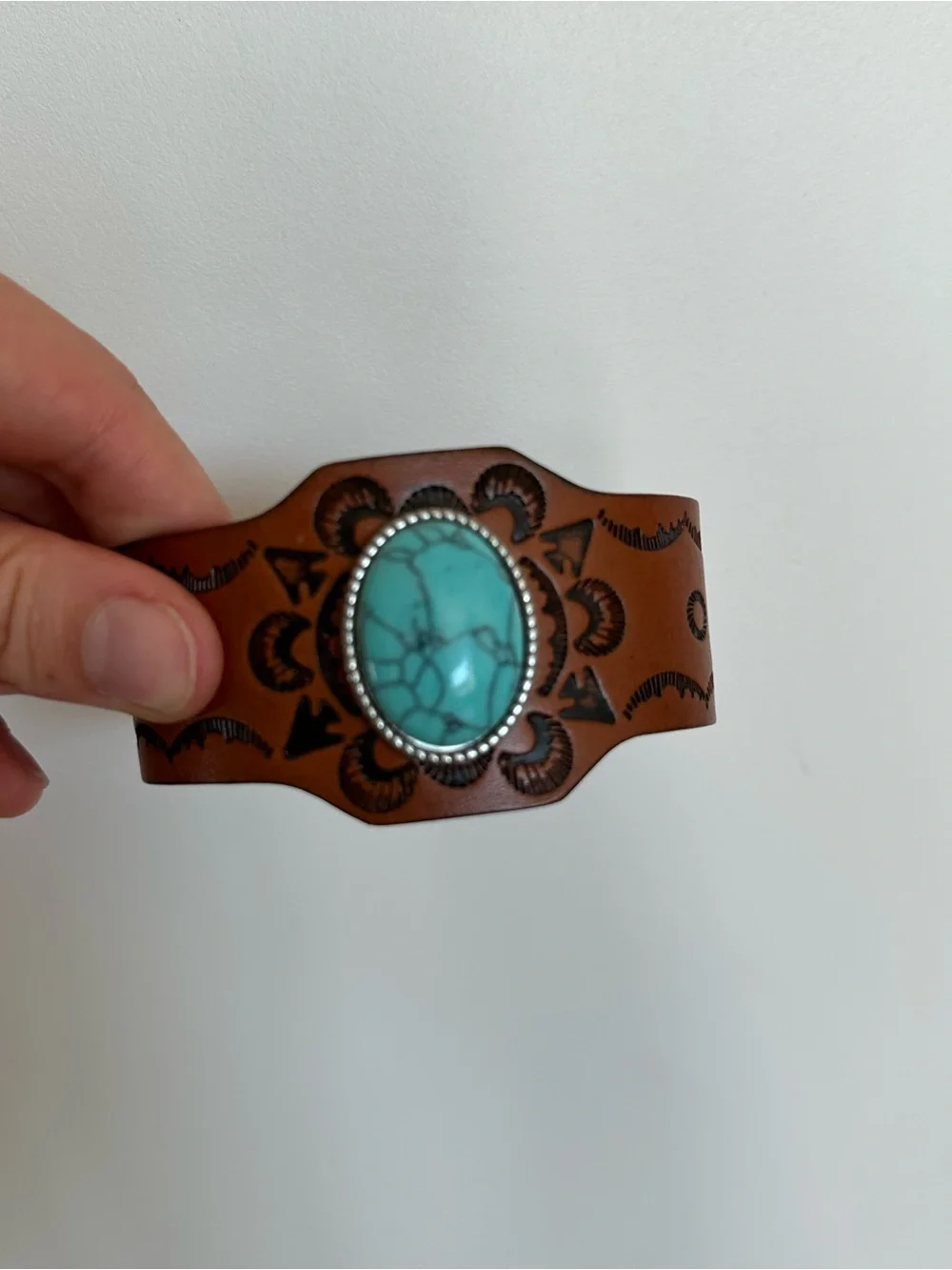 Plunder Brown Leather Cuff with Turquoise Stone Accent